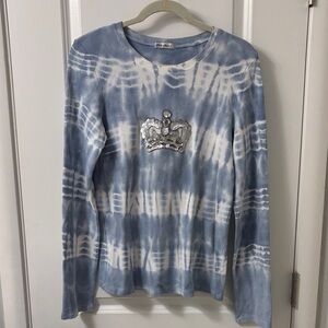 Allen Allen Blue and White Tie-Dye Long Sleeve Tee with Sequin Crown